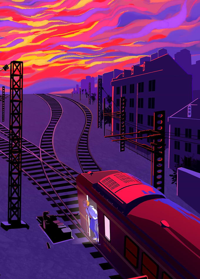 Train tracks at sunset
