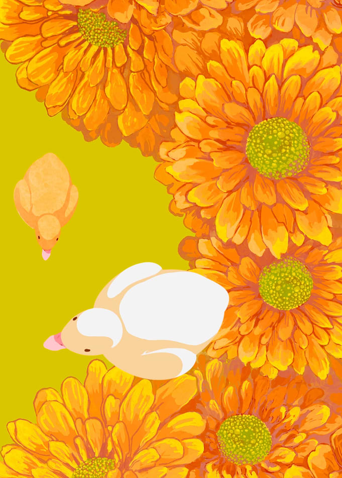 Duck family and daisies