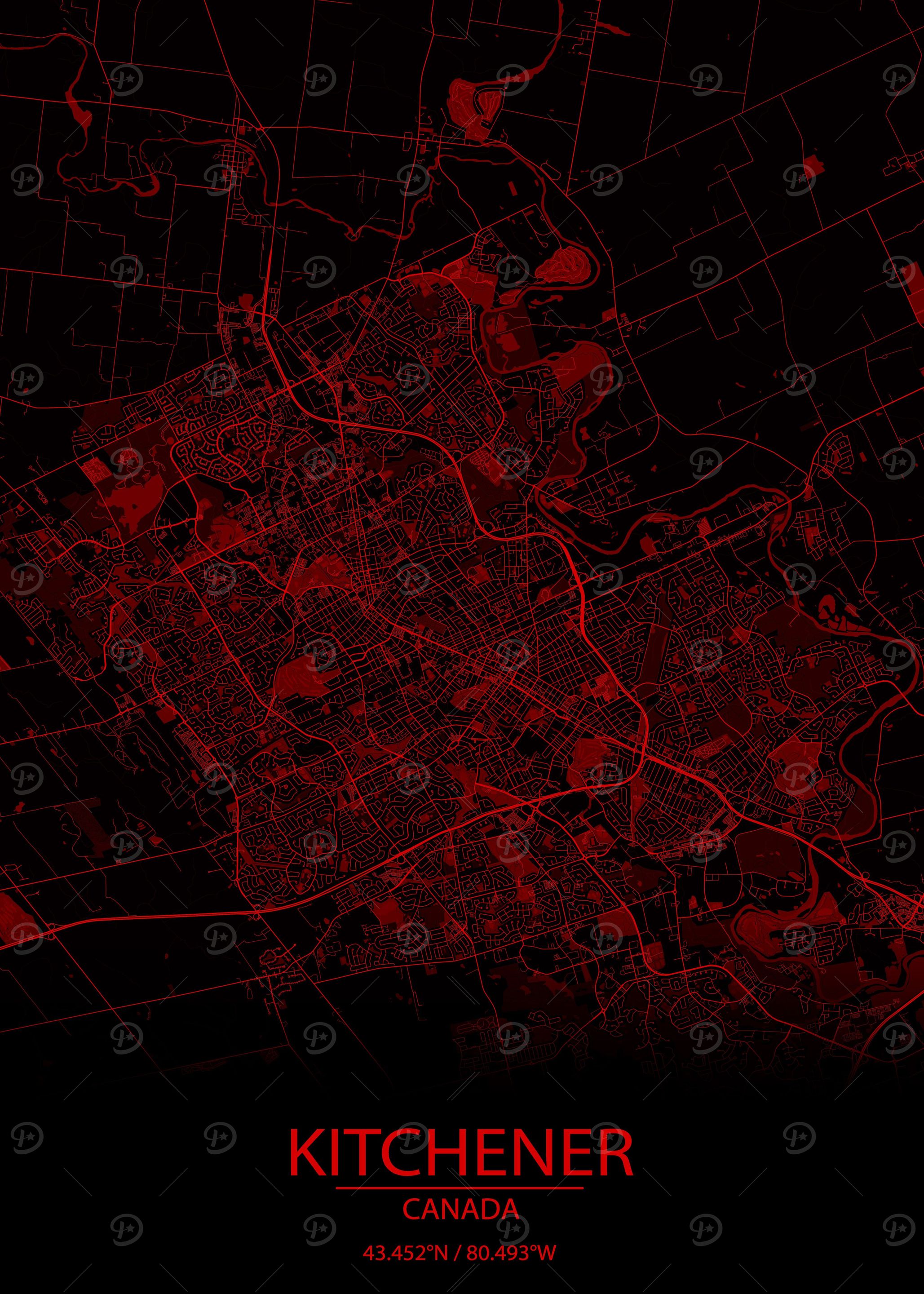 Kitchener CA Red Black Map