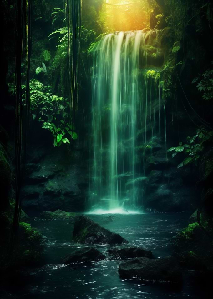 Green Waterfall in Forest