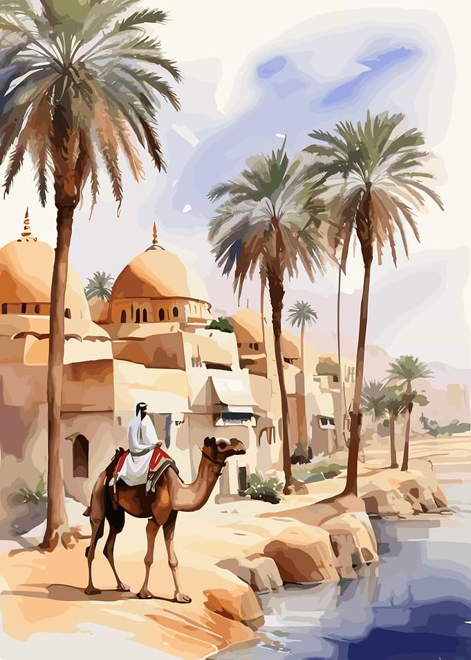 Camel and village desert