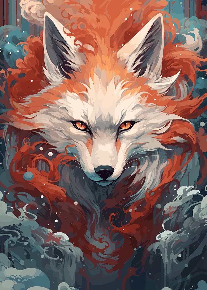 Japanese Fox Art Red Fire