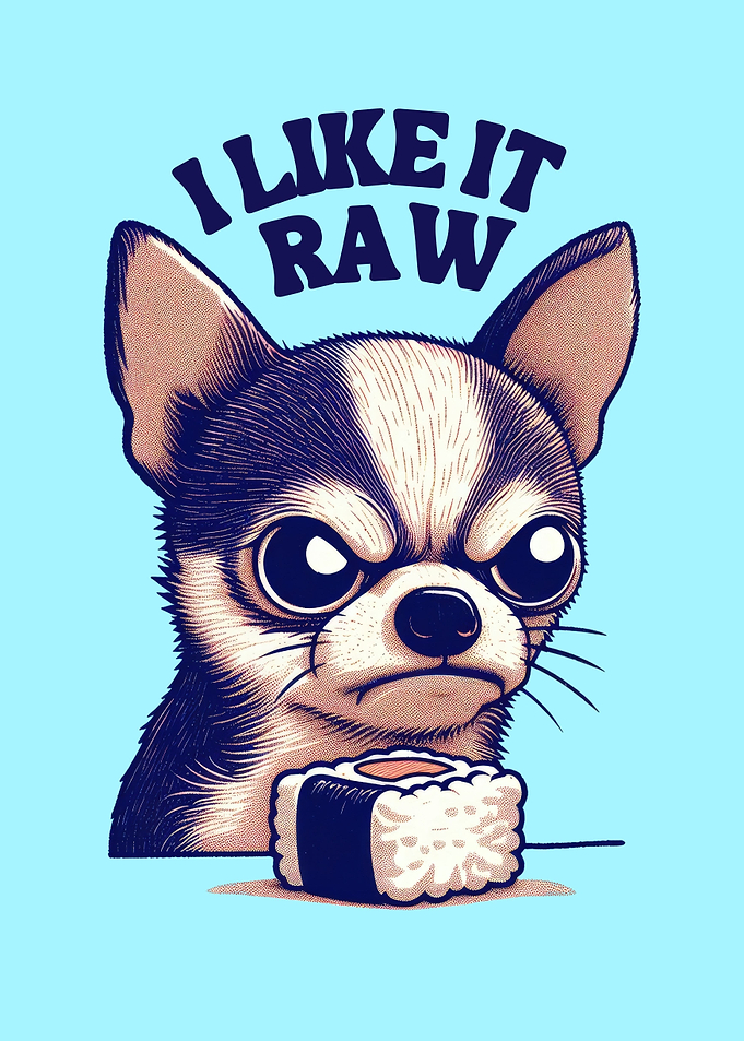 Cute angry dog sushi lover