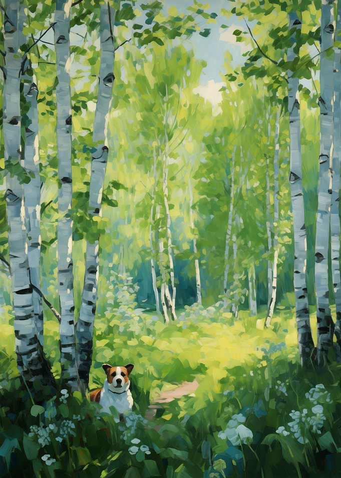 Dog In Forest Vintage Art