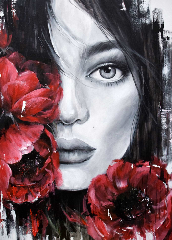 Girl with flowers poppies