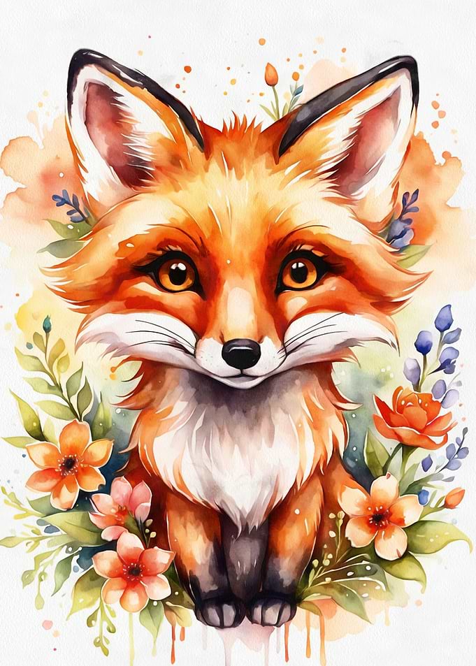 Red fox with flowers