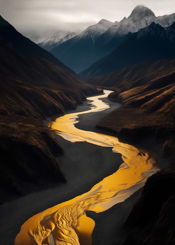 Golden river in mountains