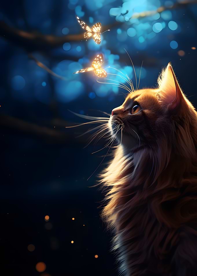 Cat looks at a butterfly