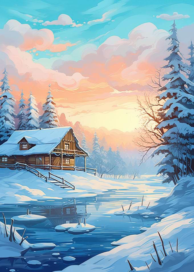 Sunrise Winter Lake Cabin