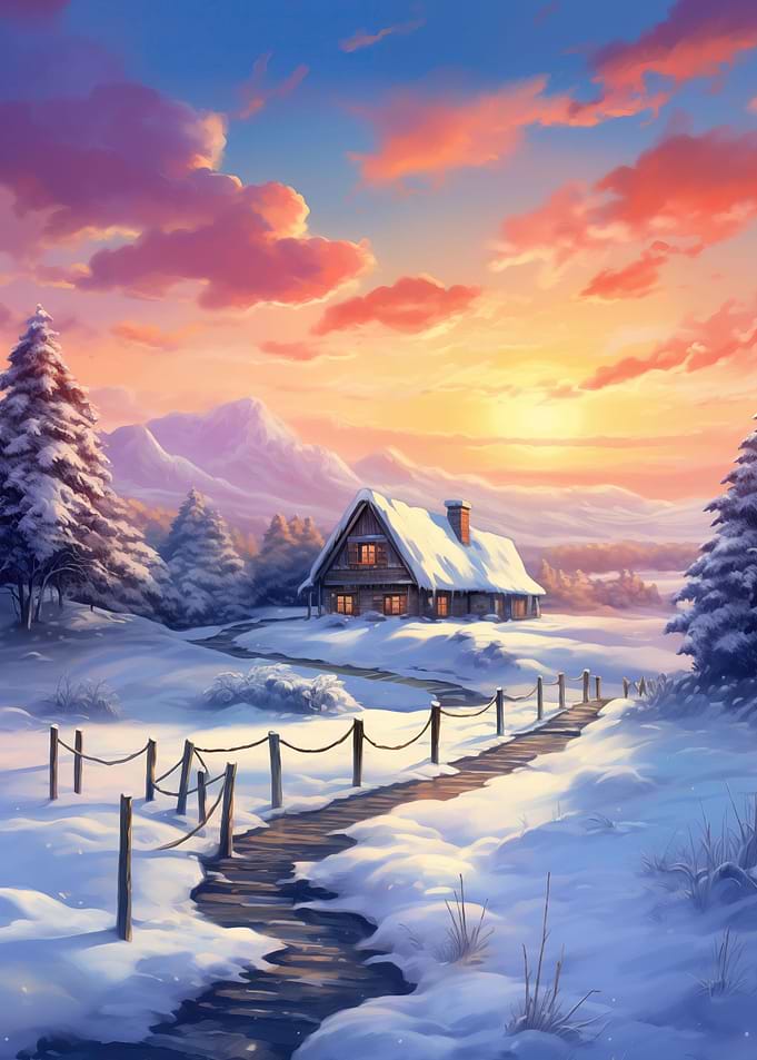 Winter Cabin at Sunset