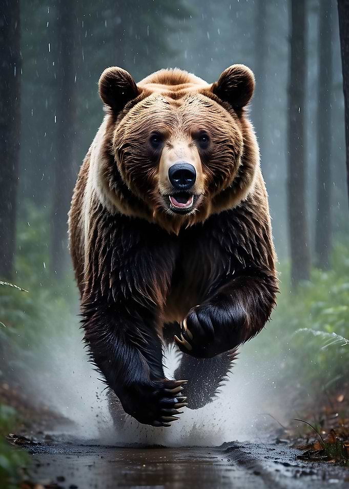 Running bear in the rain