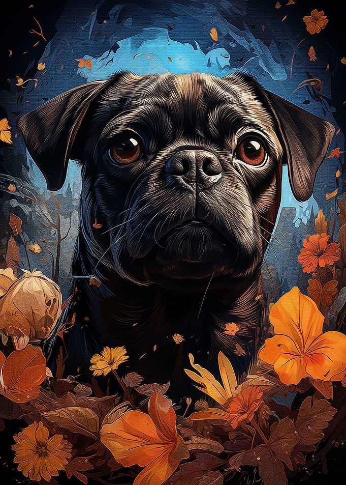 Black Pug and Flowers