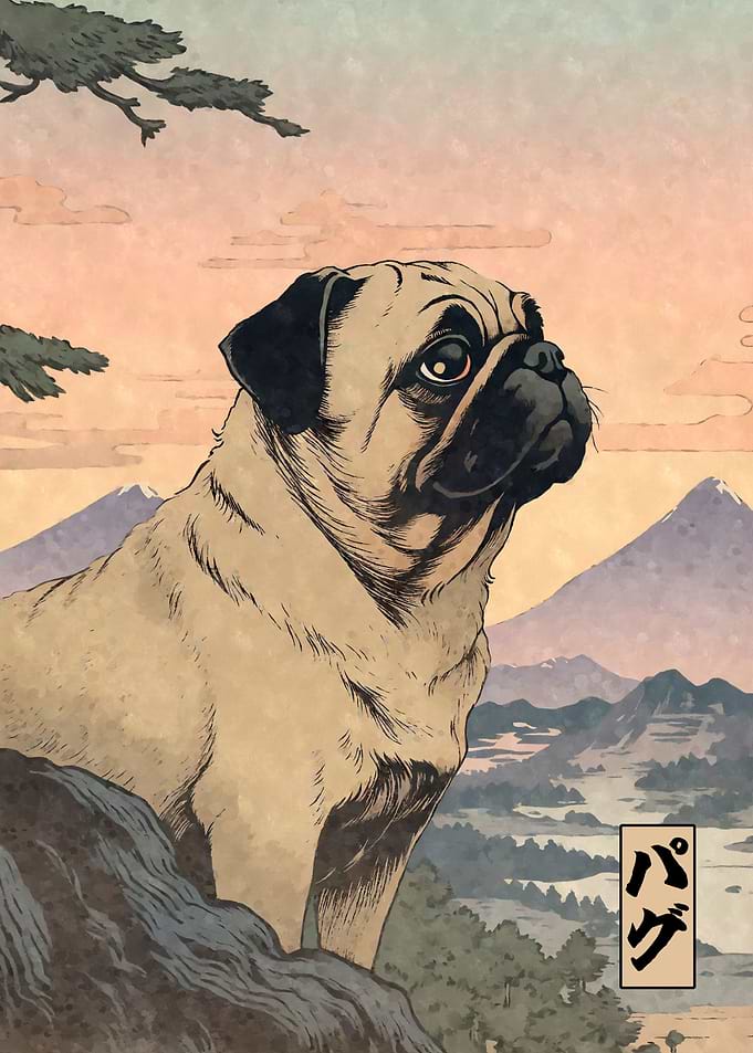 Pug Dog Woodblock Print