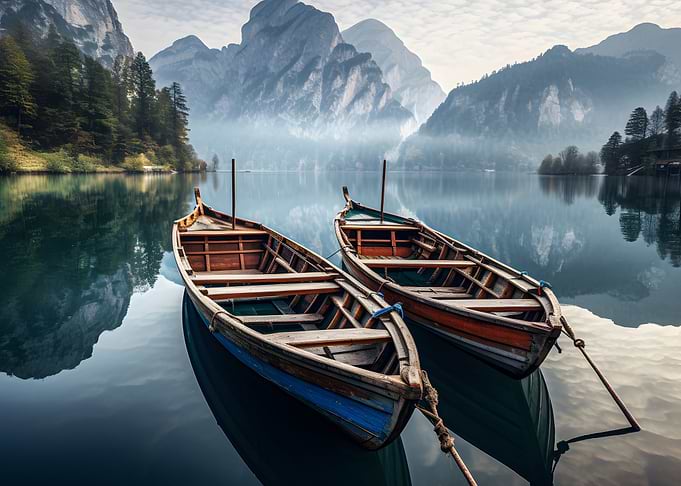 Mountains at Lake Boats
