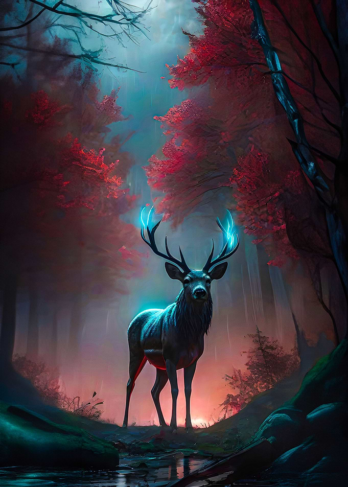 Deer in Dark Red Forest