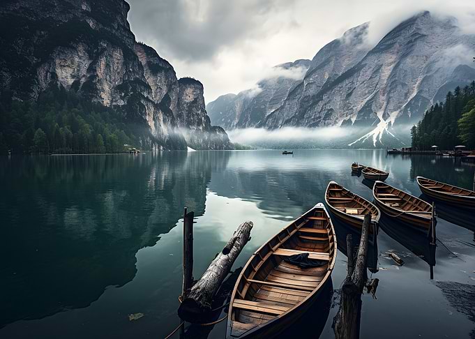 Mountains at Lake Boats