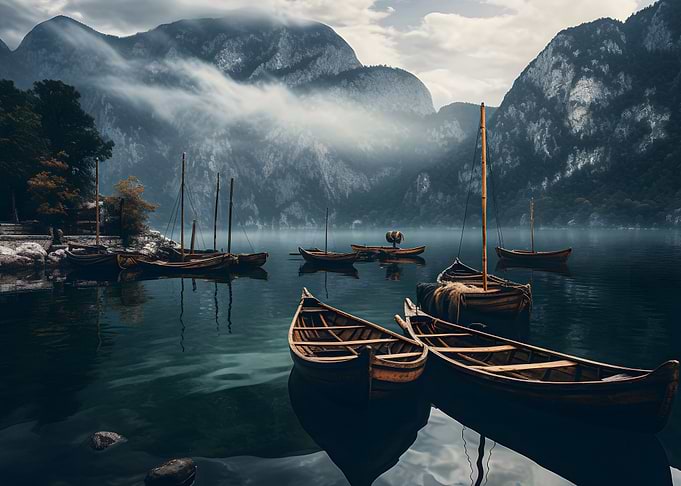 Mountains at Lake Boats