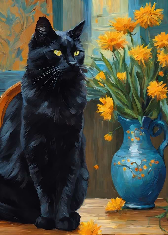 Black Cat and Sunflowers
