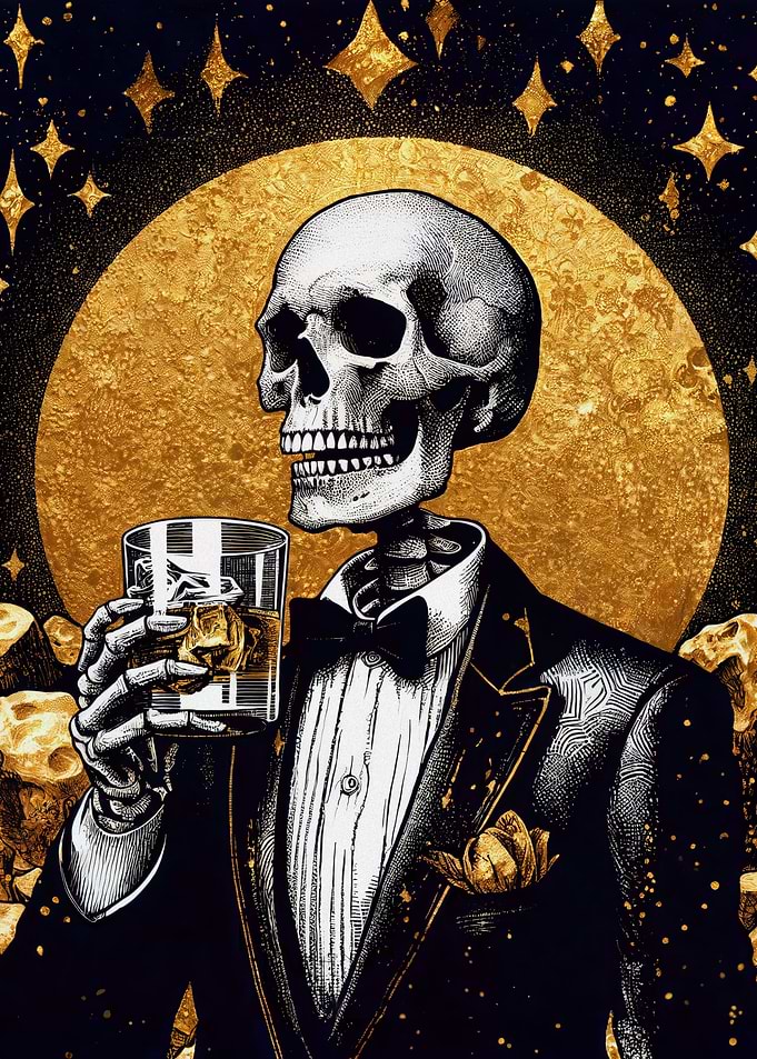 Skeleton in suit whiskey