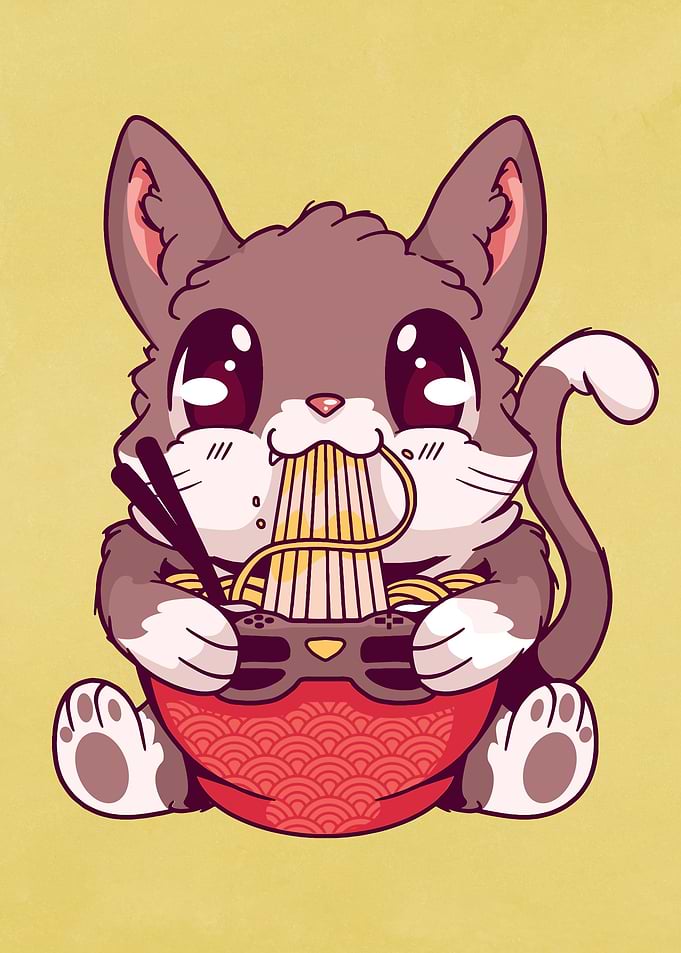 Kawaii Kitten Eating Ramen