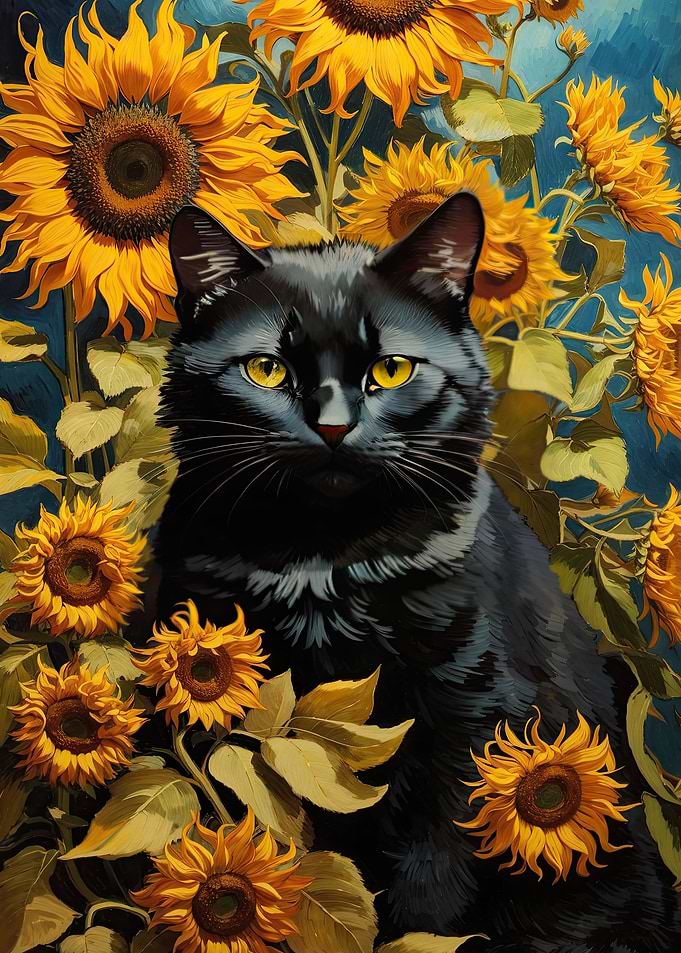 Cat and Sunflowers