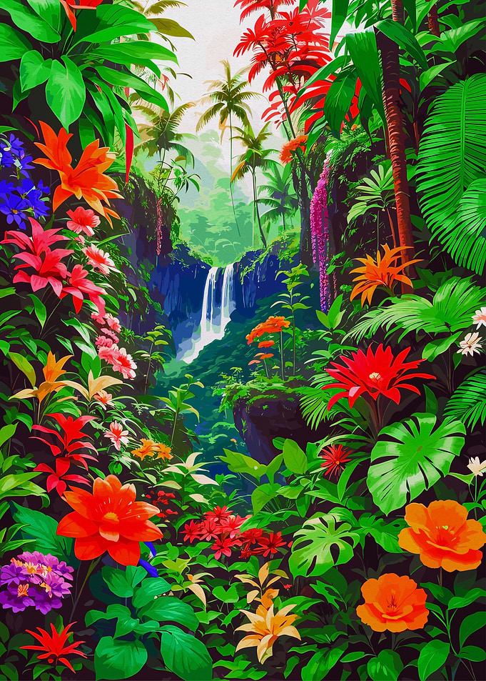 Lush Jungle With Waterfall