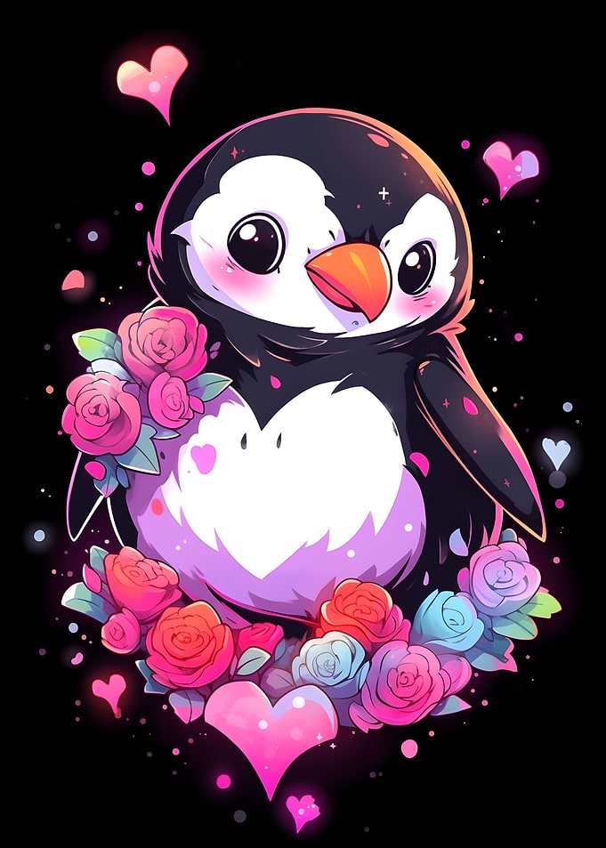 Penguin Hearts and Flowers