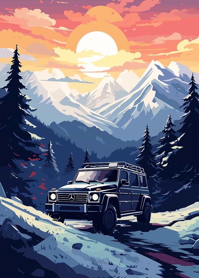 Mercedes in snow mountains