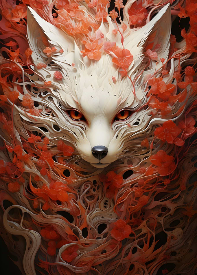White Fox in Red Flowers