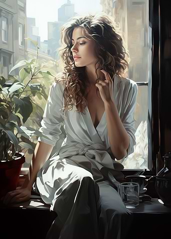 Woman sitting near window