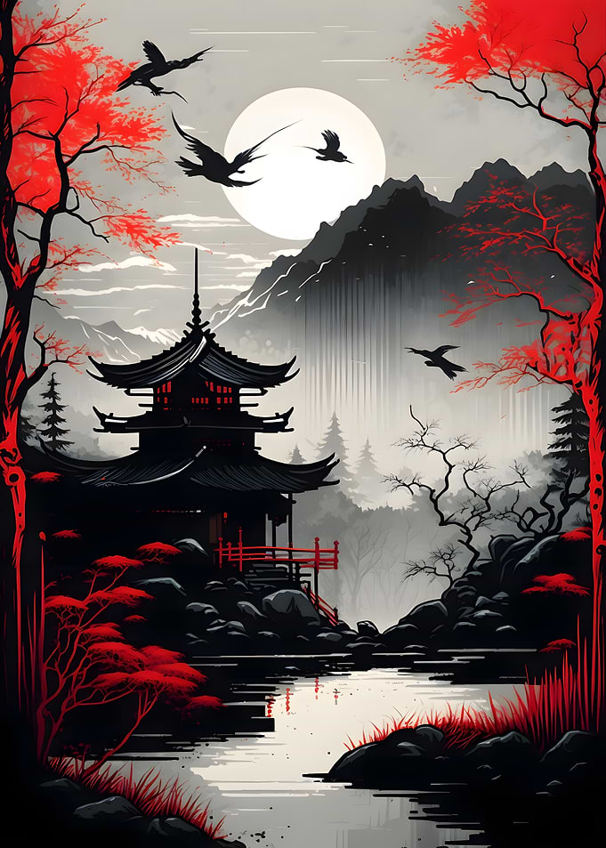 japanese Red Moon ink art