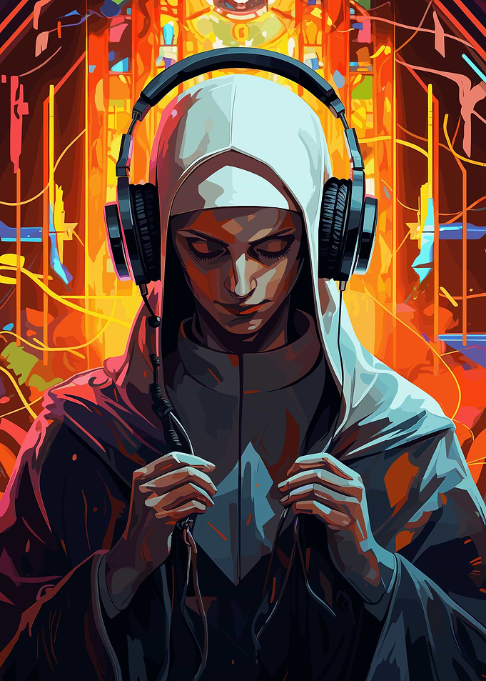 Colorful Nun Hears Music