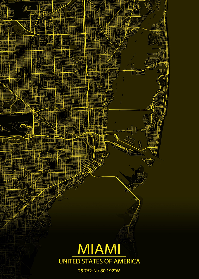 Miami USA Black Yellow Map