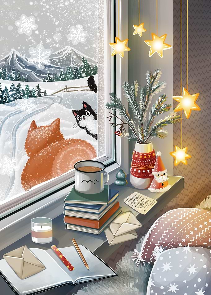 Morning snow and cats