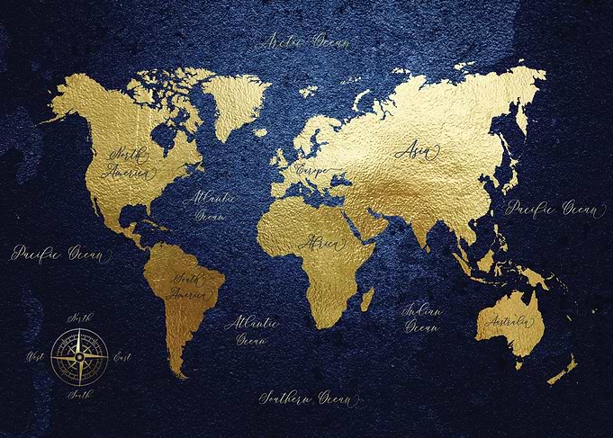 World Map in Blue and Gold