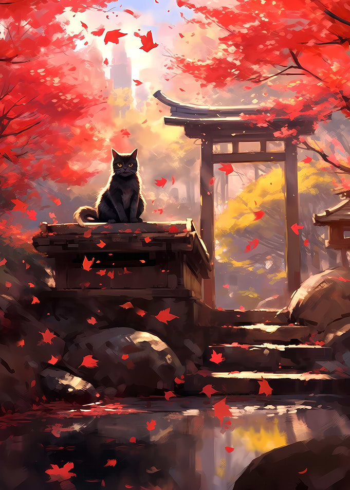 Cat cherry blossom scenery