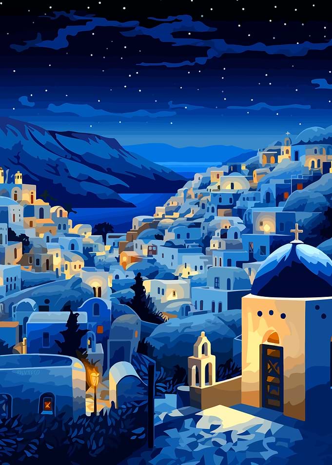 Greece Night Village Art