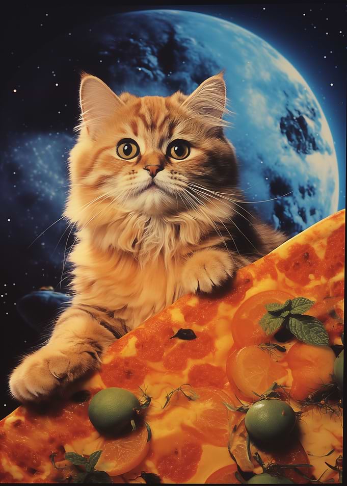Cat eating pizza space