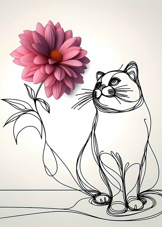 One line cat and flower
