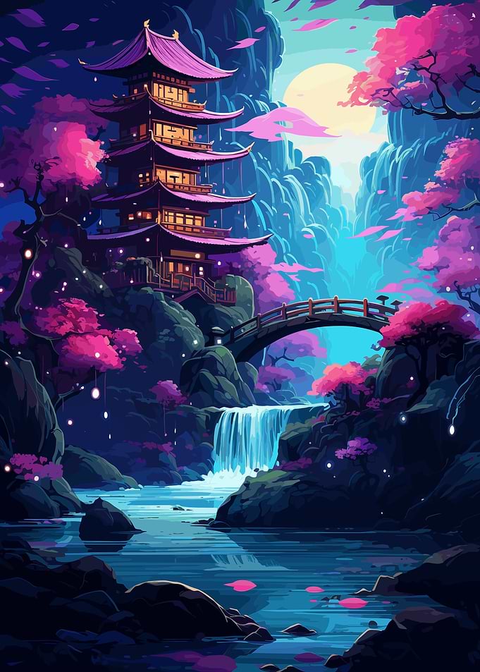 Japanese Temple Waterfall