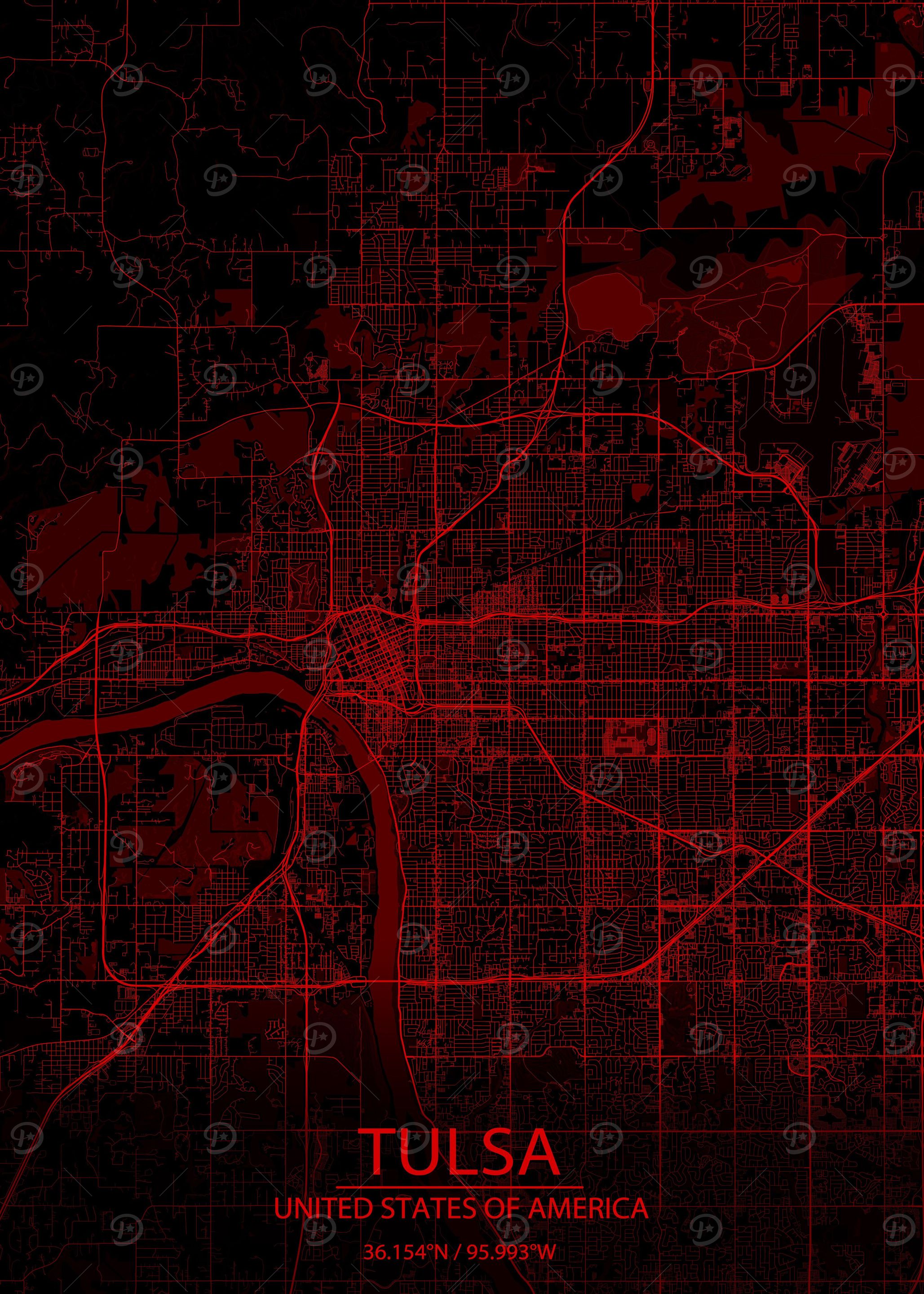 Tulsa OK USA Black Red Map
