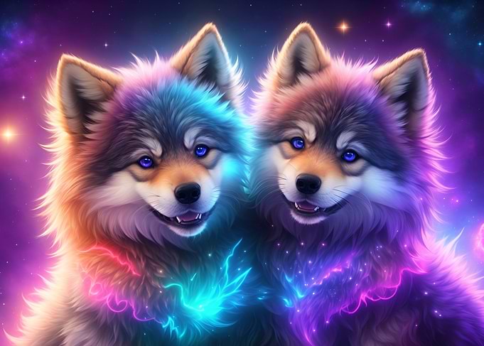 Colorful wolf cubs