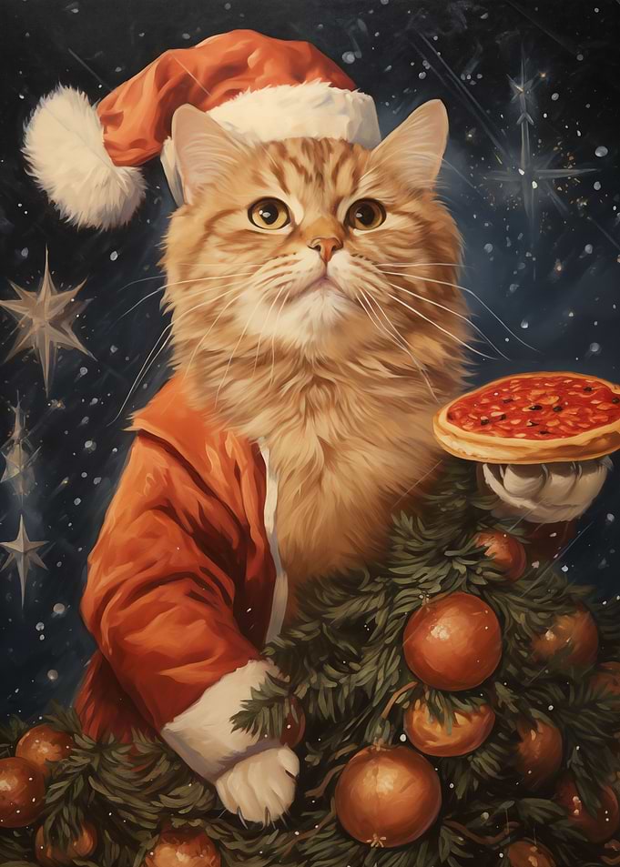 Cat eat pizza in Christmas