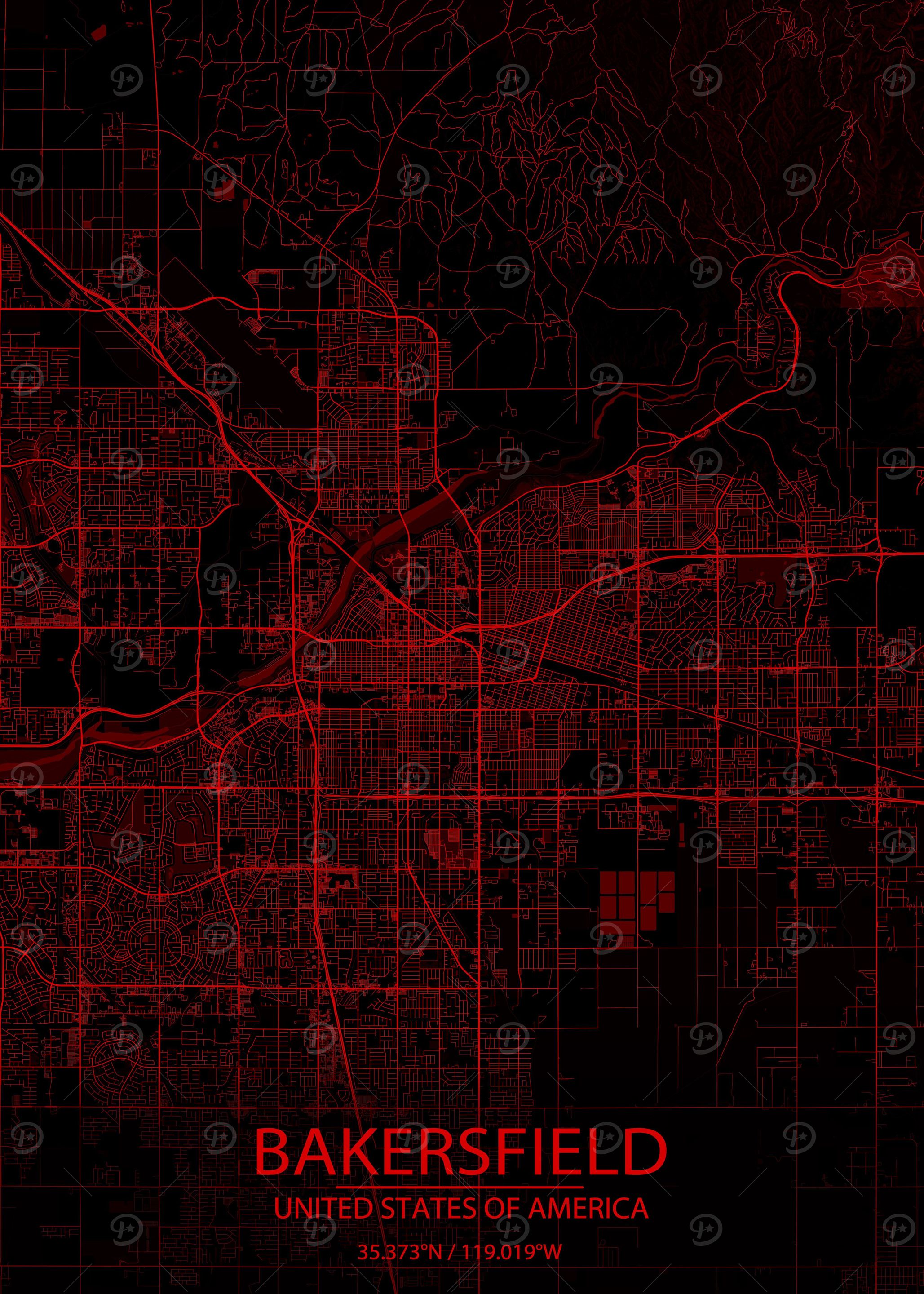 Bakersfield Black Red Map