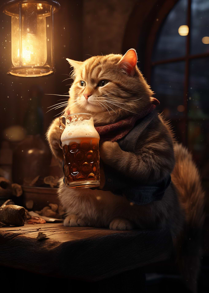 Fluffy Cat Drinking Beer