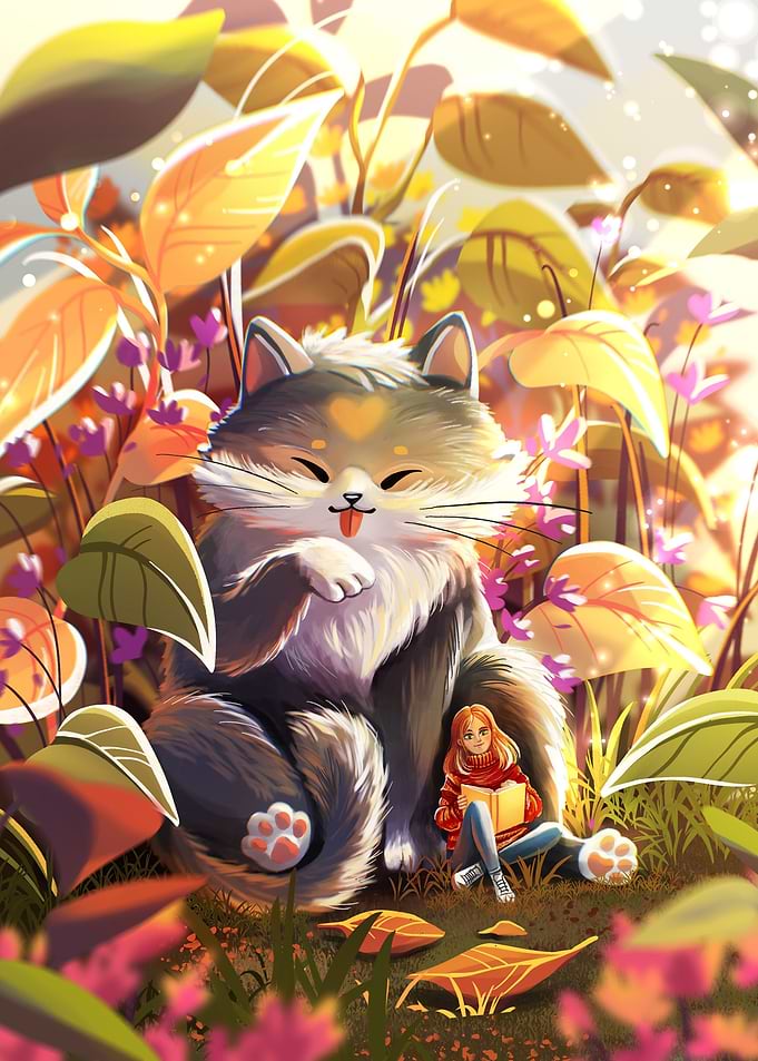 Girl book and big cat