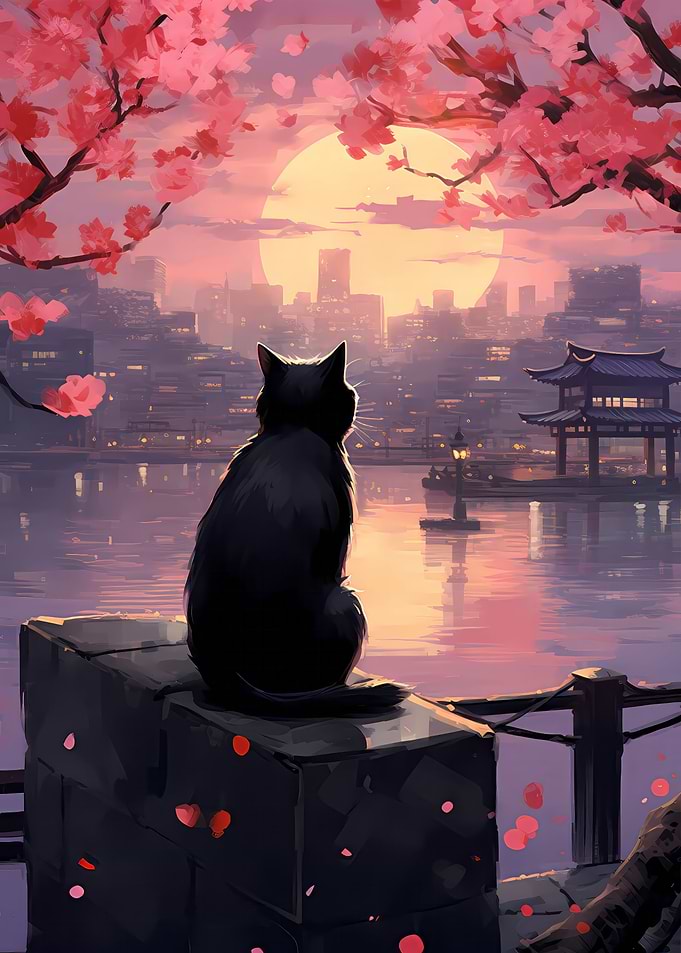 Cute cat watching sunset