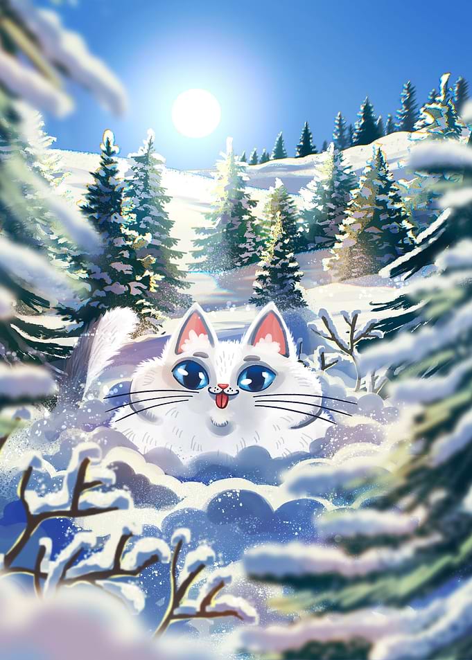 White cat in the snow