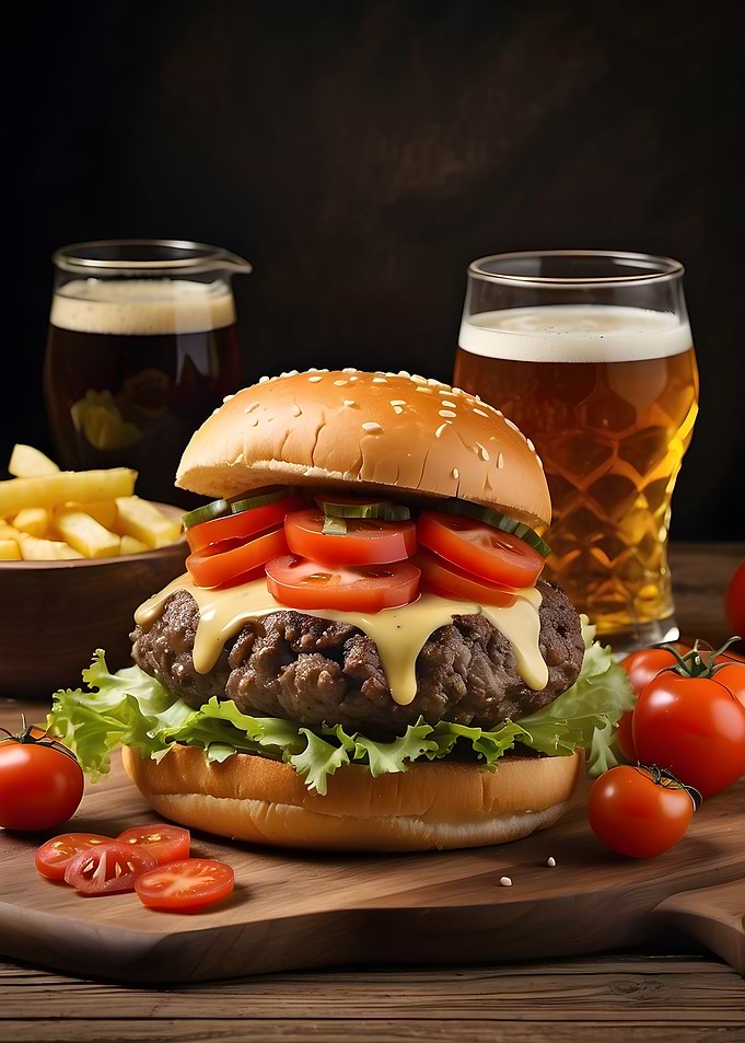 Burger tomato and beers