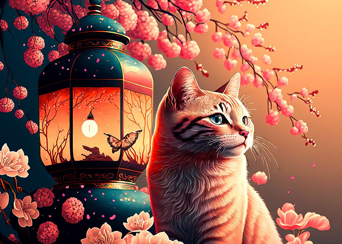 cat cherry blossom